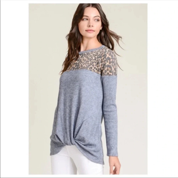 Leopard Contrast Blue Long Sleeve Top | Soft Twist Hem Knit - Picture 3 of 5